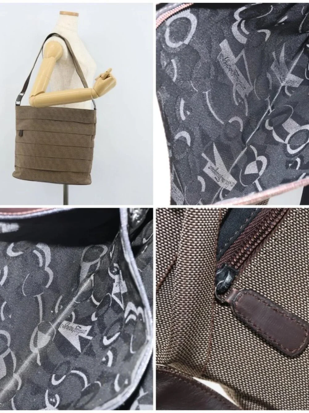 Salvatore Ferragamo Shoulder Bag Canvas Beige Silver Auth 166789